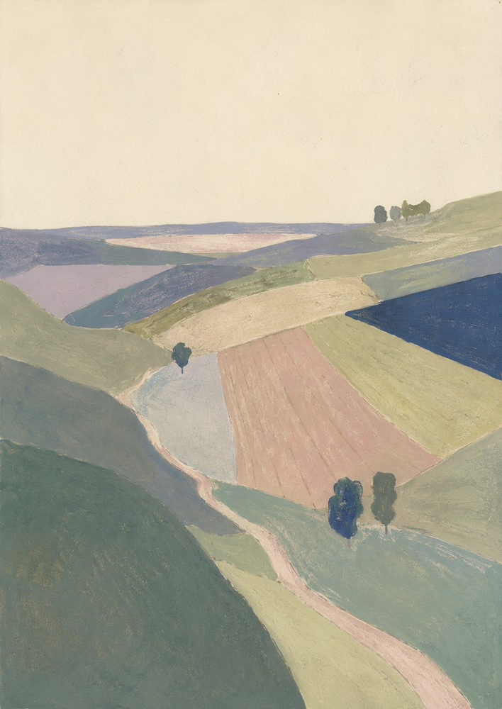 field mosaic: pastel patchwork fields, sage green & mauve countryside, modernist aerial