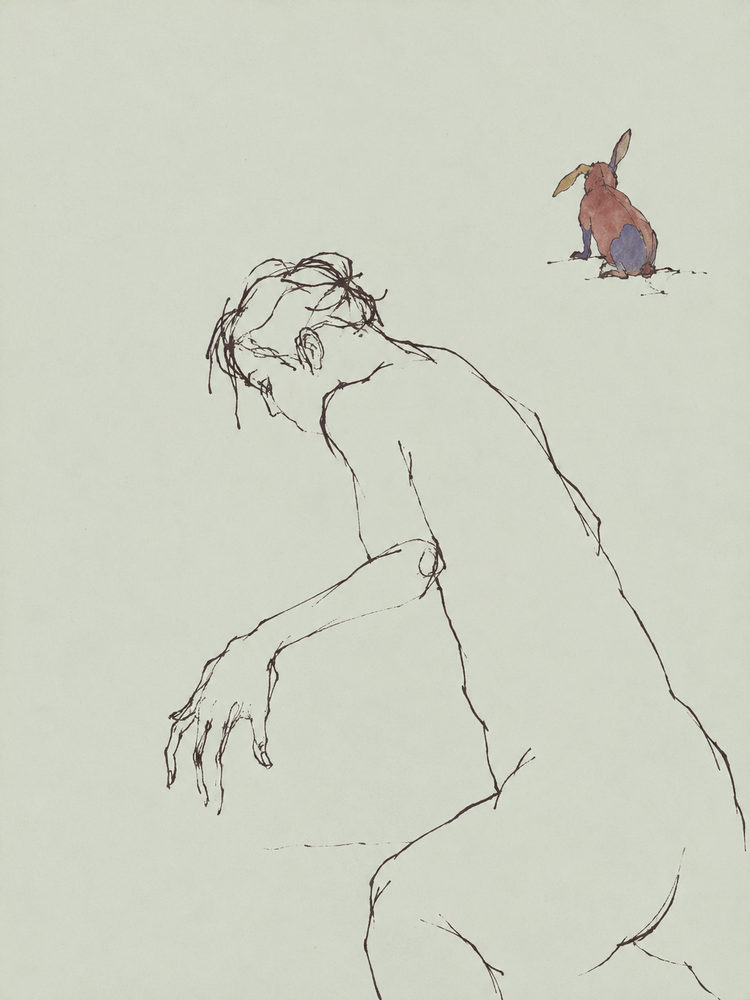 figure and hare: leaning nude and a small watercolor hare, minimal sketch, pale grey-green, sepia and rose-brown