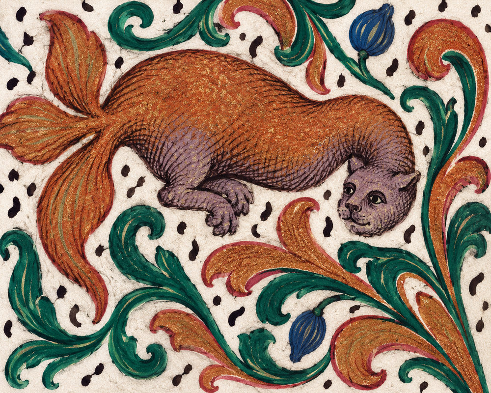 fish tailed cat: illuminated manuscript style creature in acanthus leaves, burnt orange, teal green, navy and cream