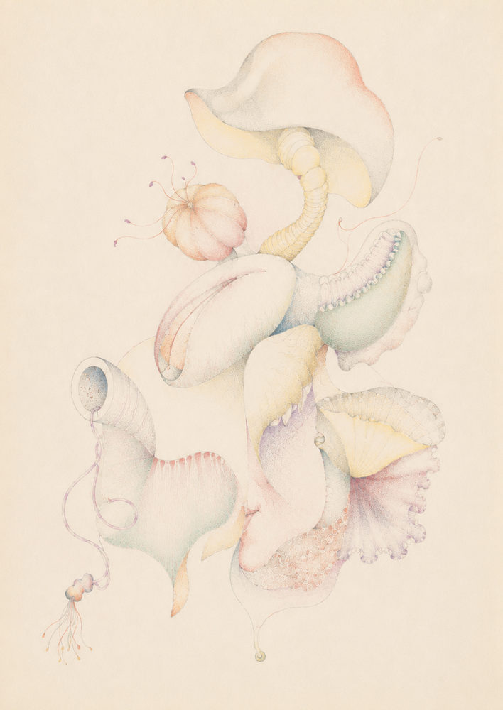 floating botanical: surreal pastel, dreamy organic forms, soft bedroom