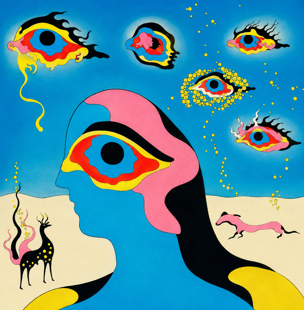 floating eyes: floating eyes and profile head, 70s pop surrealism square, electric blue and pink
