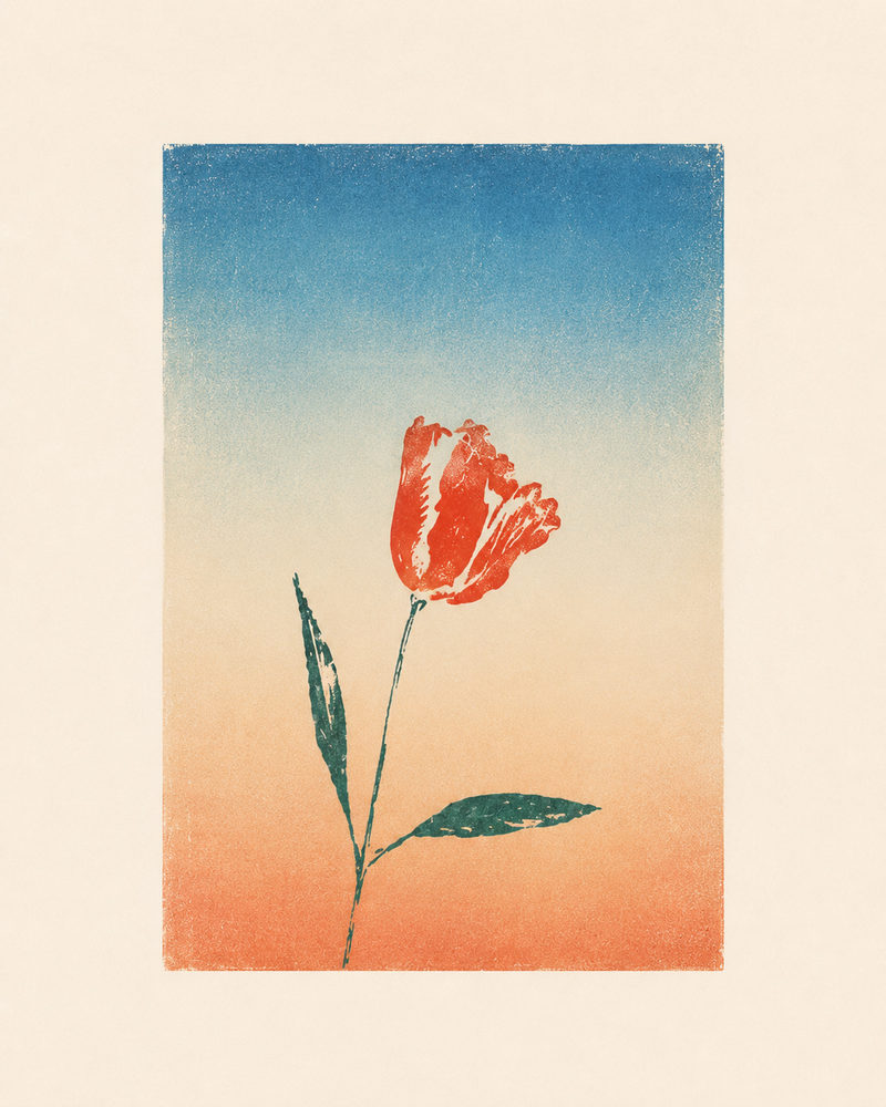 floral linocut: red botanical, blue & orange gradient, vintage bedroom