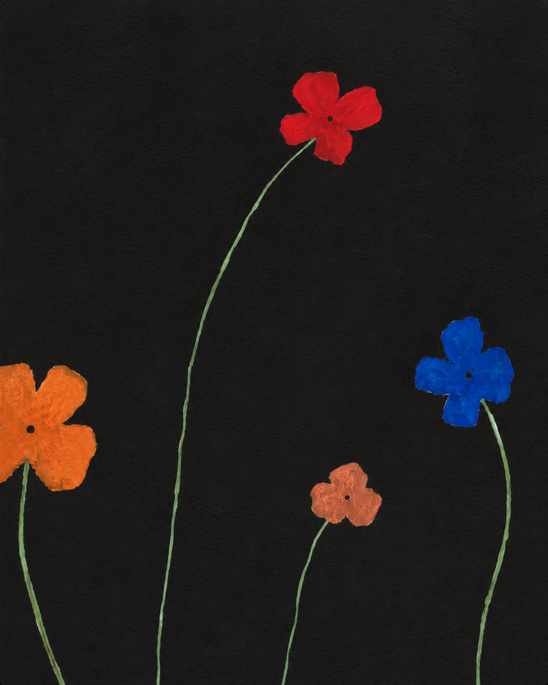floral simplicity: naive folk, colorful flowers on black, whimsical living room