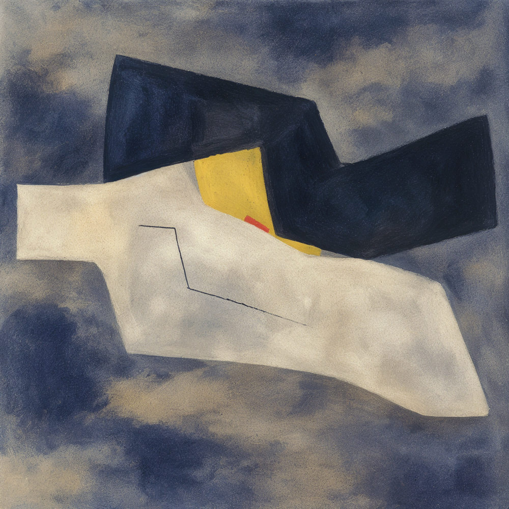 folded beige form: folded beige form against dark angular shapes, thin zigzag line, mustard patch, chalky gouache style