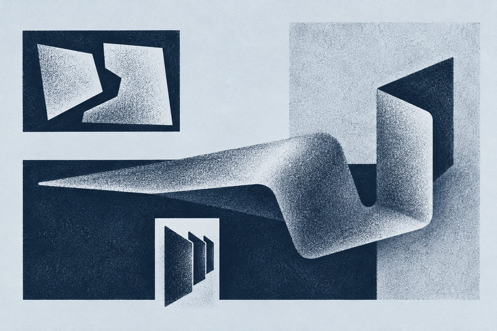 folded ribbon: twisted paper strip and navy panels, stippled airbrush in navy and pale grey-blue