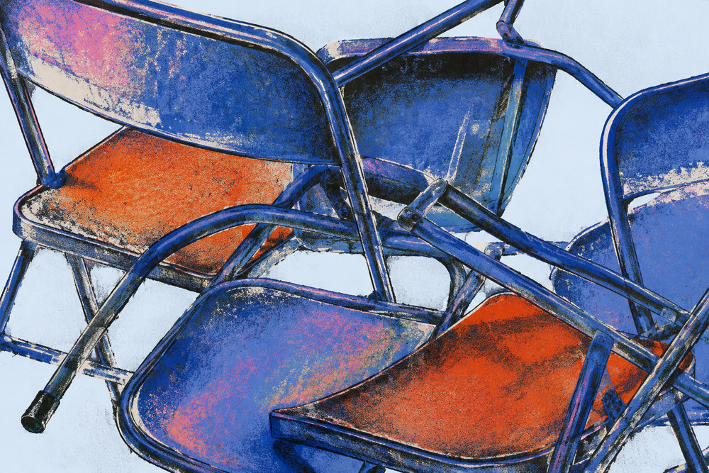 folding chairs: blue orange screenprint style, retro chair, mid century classroom