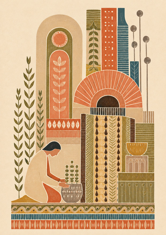 folk garden: mid-century block, terracotta olive teal, cozy scandinavian bedroom
