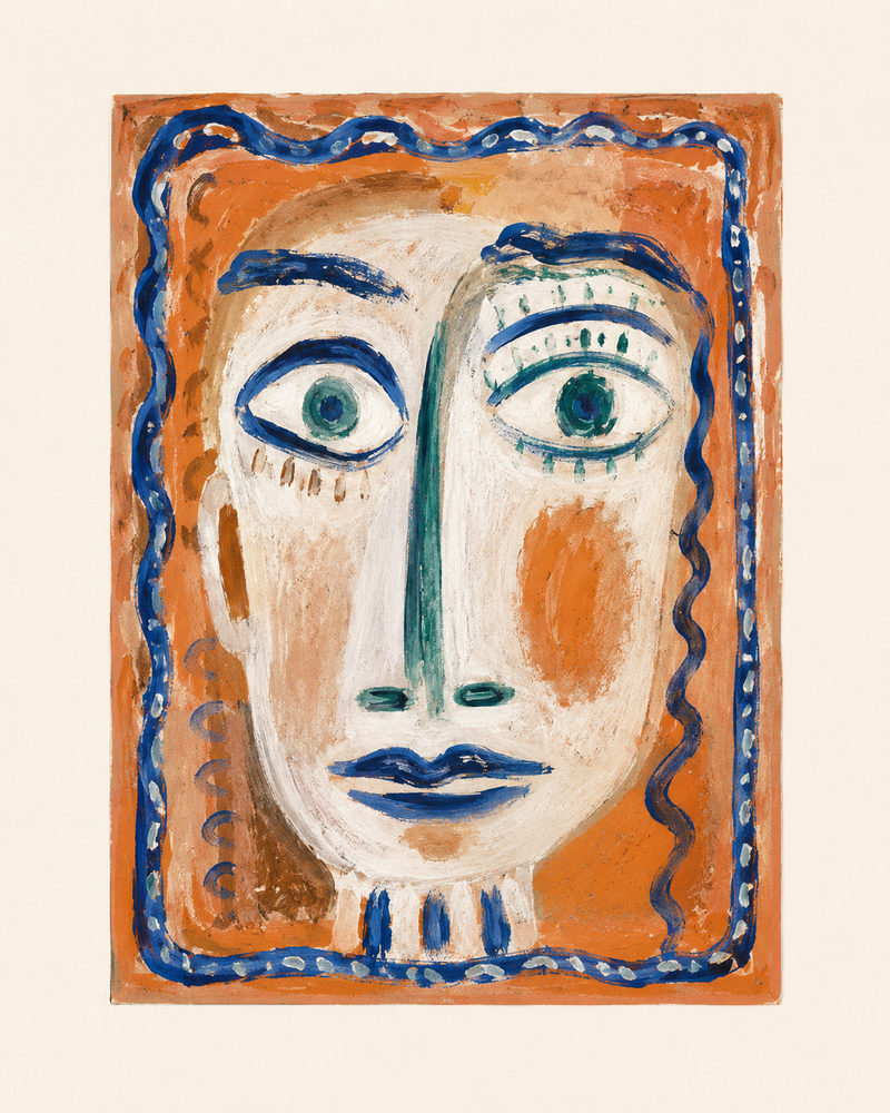 folk portrait: naive portrait, abstract picasso style, terracotta & blue