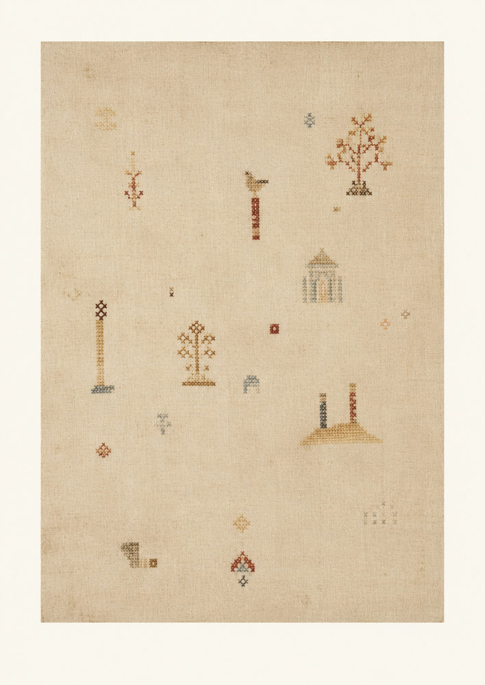 folk sampler: antique cross stitch, minimalist primitive textile