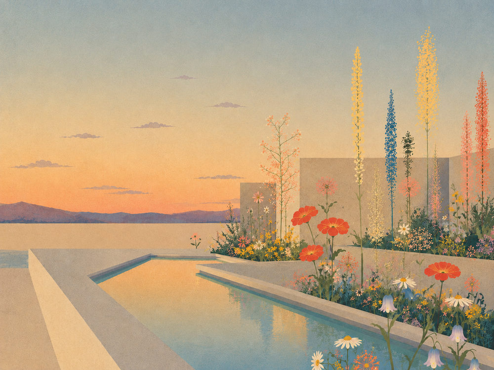 garden pool: mid century coastal, golden hour garden, peach sage living room