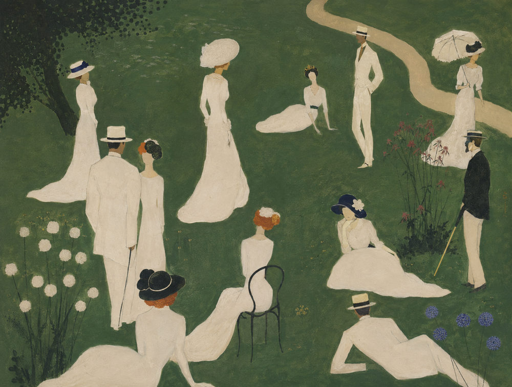 garden promenade: edwardian, belle epoque, emerald green figurative, vintage summer ladies