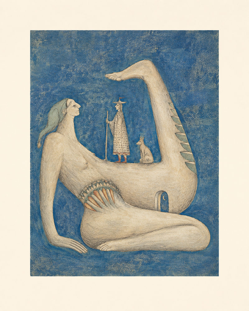giant dreamscape: reclining giant woman, blue mythical folk, whimsical traveler & dog