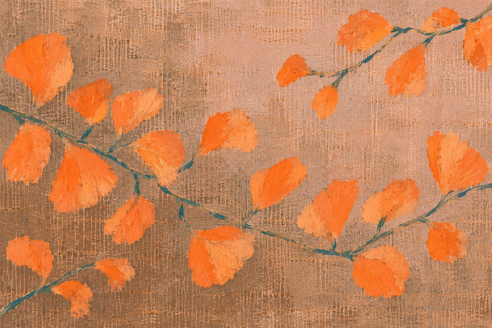 ginkgo sprays: three sprays on teal stems crossing a woven brown ground, dry brush style