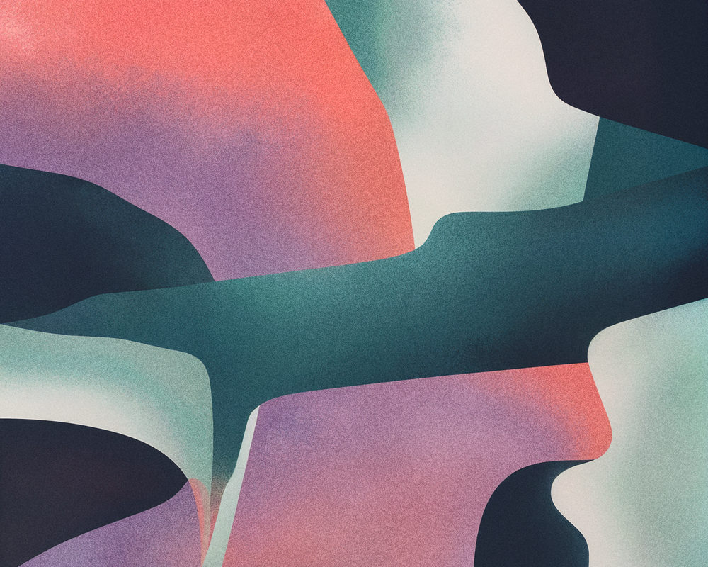 gradient drift: grainy airbrush, coral teal and lavender, retro modern ribbon curves