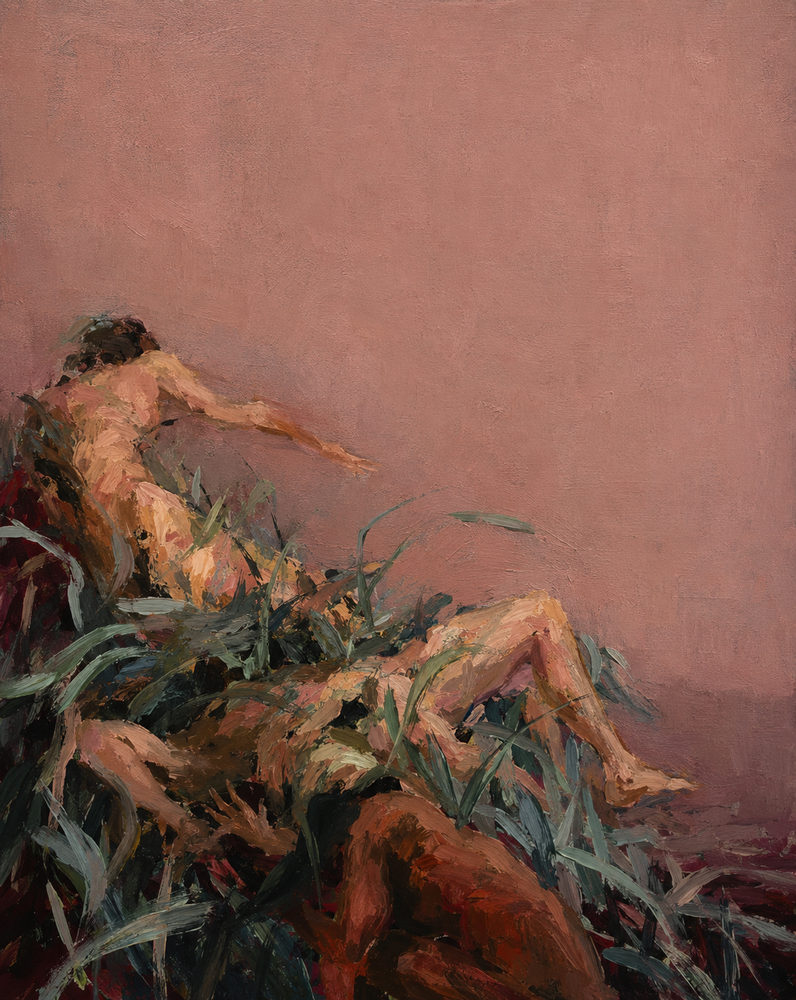 grass figures: impasto oil style, abstract figurative, dusty rose sage green