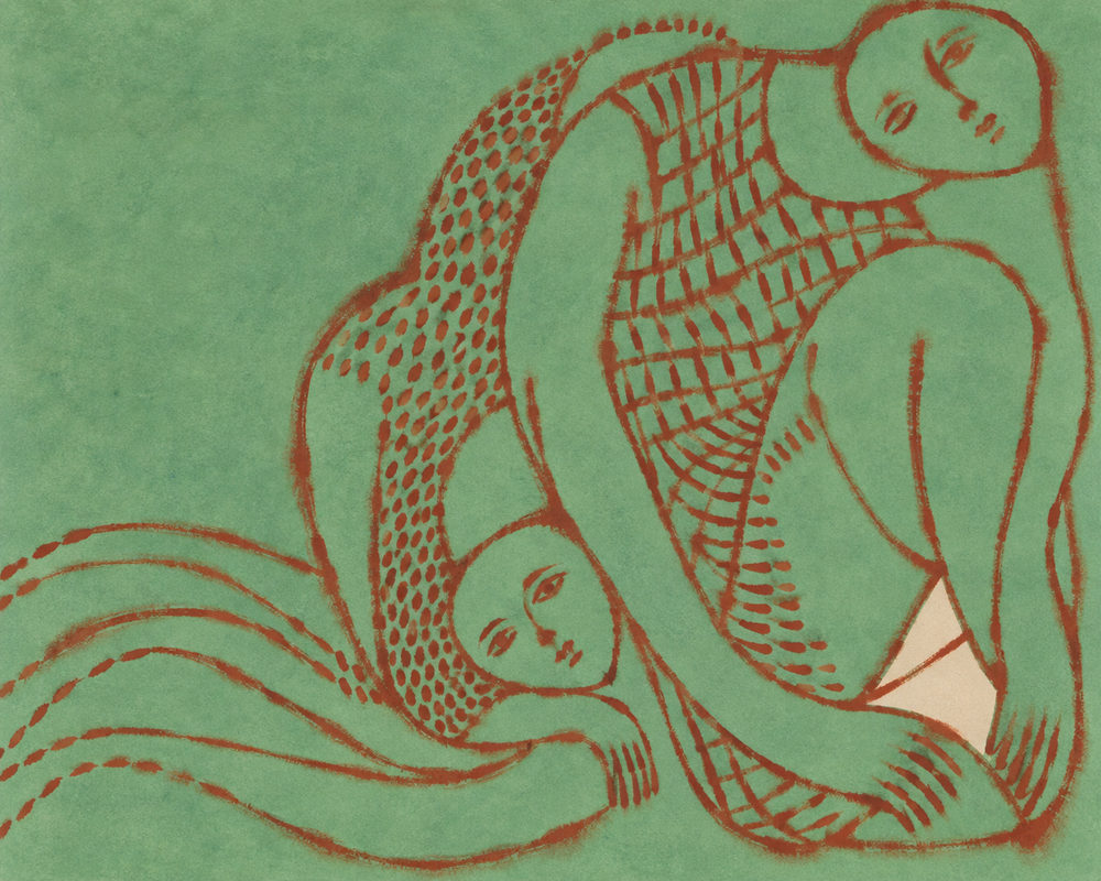 green embrace: patterned figure curled around a smaller one, naive brush line drawing, rust red on sage green