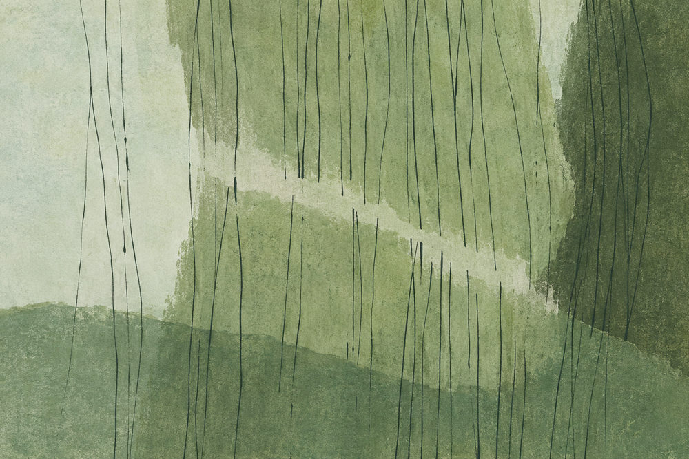 green rain: thin dark vertical lines over layered watercolour wash, sage moss and dark olive green