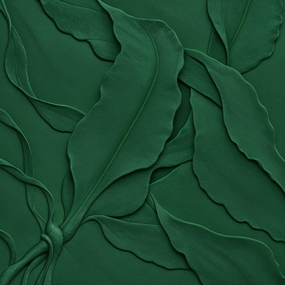 green relief: overlapping leaves and stems in plaster relief, bottle green tone on tone