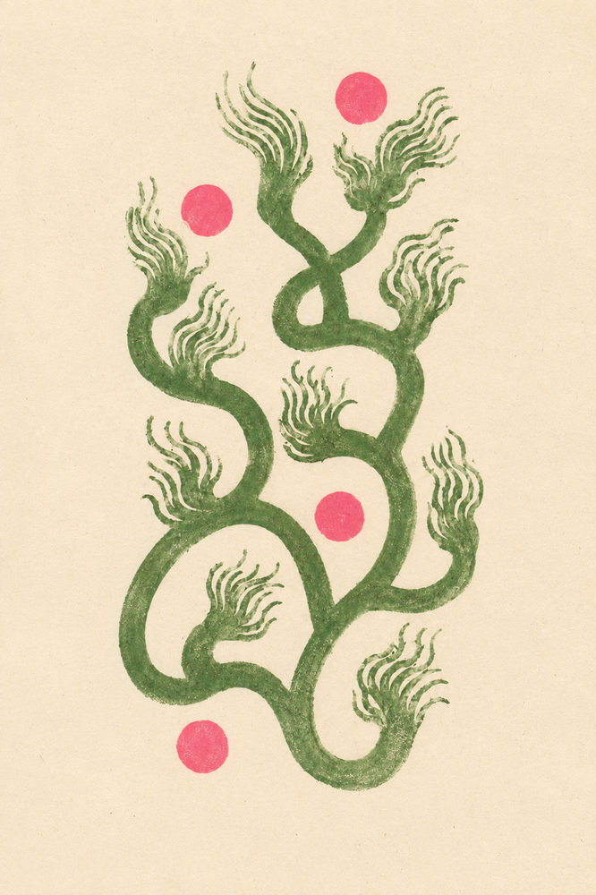 green vine: folk botanical, pink berry linocut, boho cottage