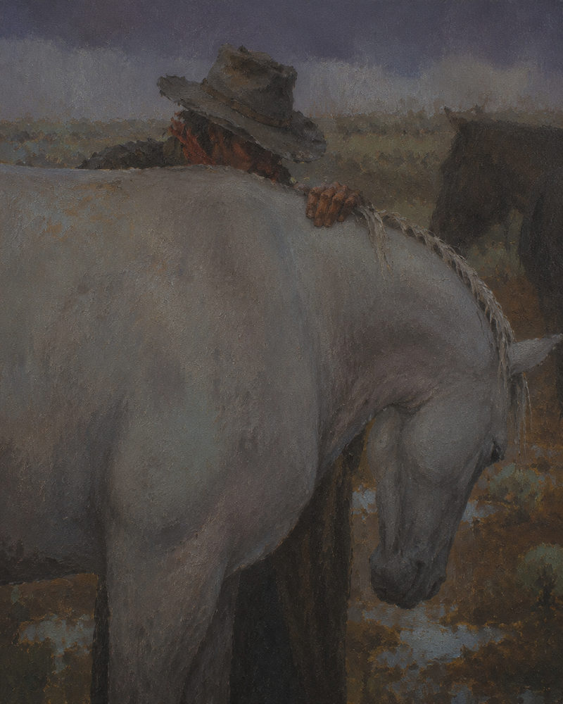 grey mare: white horse and rider, tonal realist oil, moody storm sky