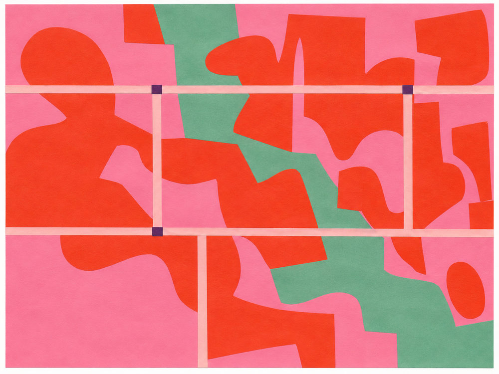 grid cutouts: red-orange shapes and a mint green band on pink, crossed by a blush grid, cut paper style
