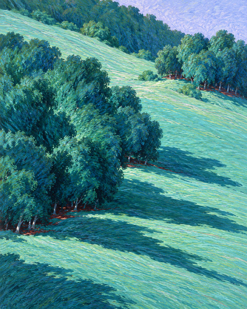 grove shadows: long tree shadows down a green slope, impressionist brushwork, teal, mint and periwinkle