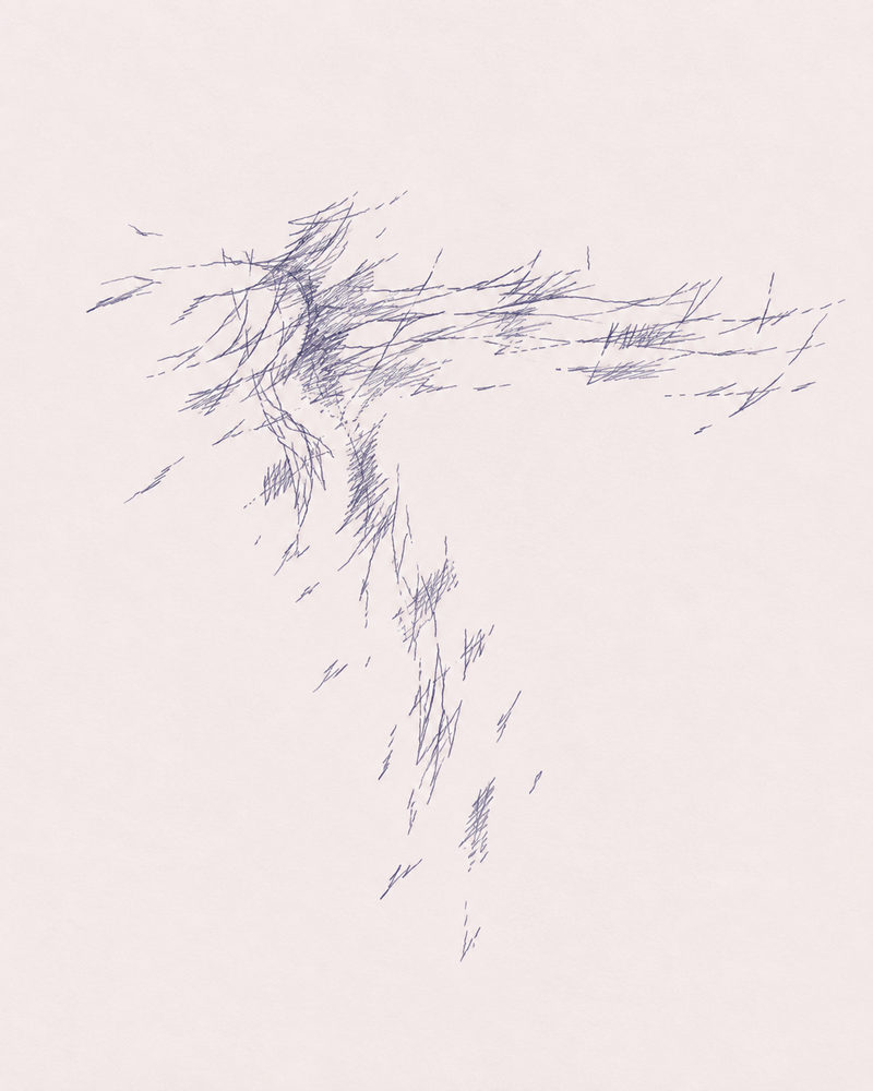 hatch drift: fine marks drifting in a band and a falling trail, ballpoint pen drawing, indigo on pale pink