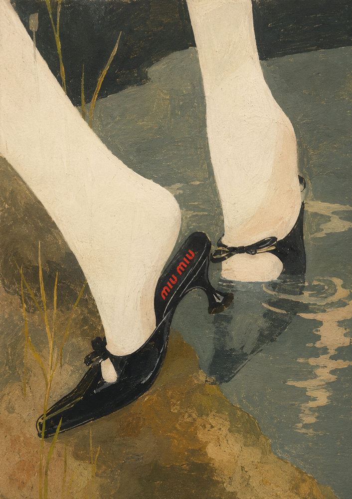 heels in water: woman legs in water, painterly realism, olive green bedroom