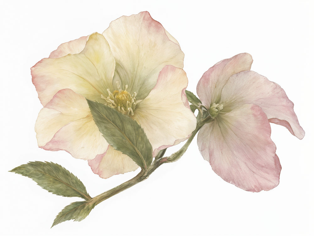 hellebore stem: christmas rose, two cream and blush pink blooms on one stem, watercolour botanical study on white