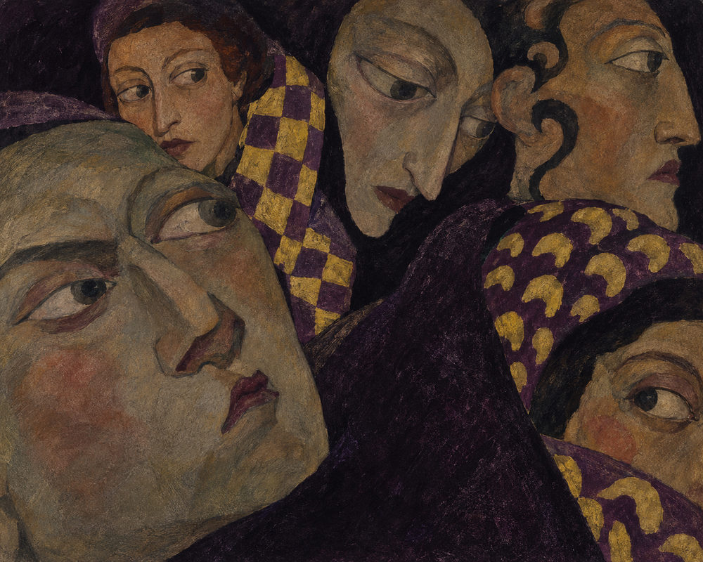 hooded crowd: five faces looking away, checkered and crescent hoods, oil, black, plum and mustard