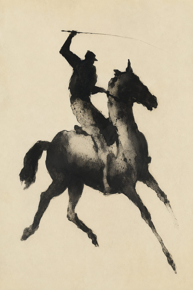 horse rider: sumi-e, black and cream, minimal equestrian study room