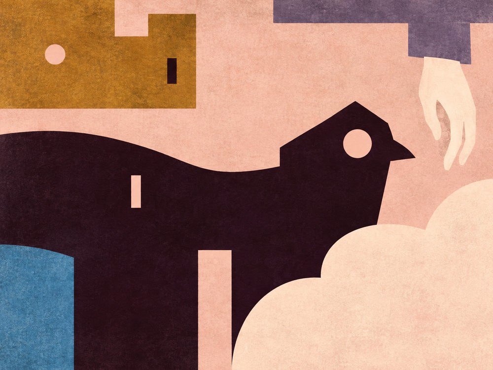 house bird: bird with a window, a hand reaching down, flat mid century illustration, peach, aubergine and ochre