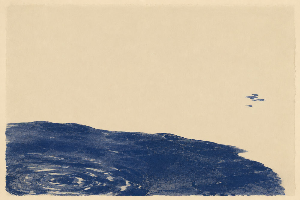 indigo ripple: indigo water ripple, minimalist shoreline landscape, blue and cream