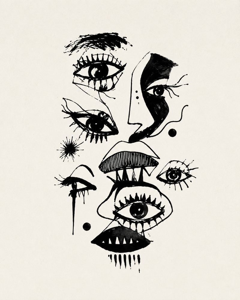 ink eyes: black ink face, abstract sketchbook line, black and cream ink drawing