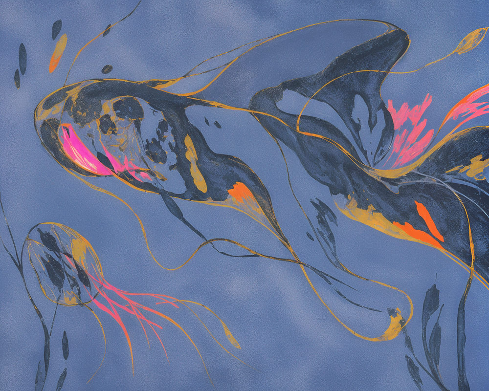 ink koi: abstract ink and gold brushwork, slate blue water, hot pink and orange accents
