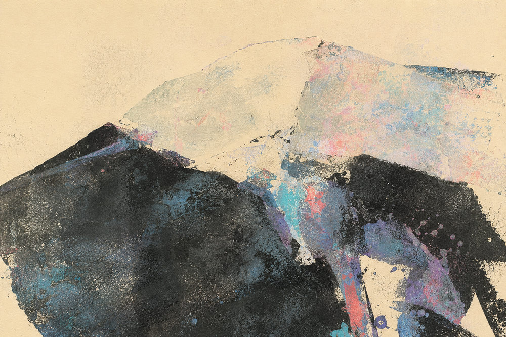 ink mountain: ink blot monotype landscape, black and cream alpine, glacier snowfield