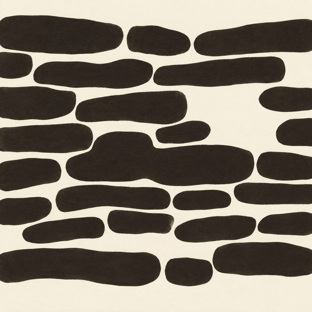 ink wall: 26 rounded bars stacked like a dry stone wall, bold brush, black and cream