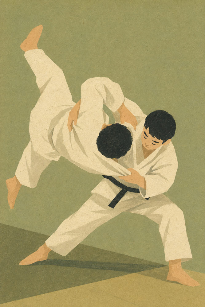 judo throw: retro martial arts, mid century sport, minimalist judo throw illustration