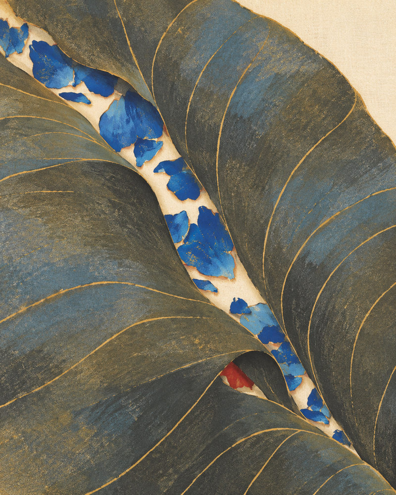 leaf fold: folded olive grey leaves with gold veins and cobalt blue petals, gouache style botanical