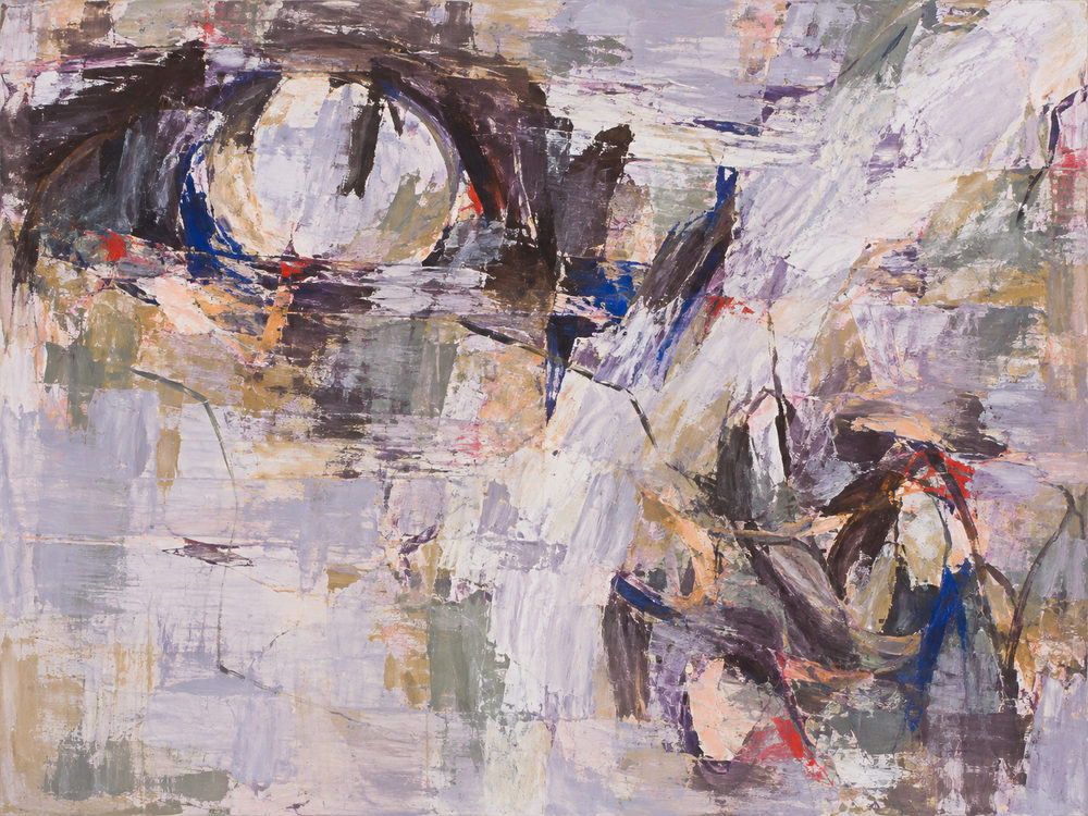 lilac impasto: scraped palette knife layers, dark arcs and cobalt strokes, gestural, sand and plum grey