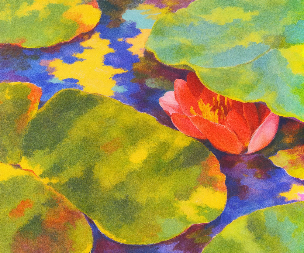 lily pads: a red bloom on a chartreuse and cobalt blue pond, wet wash watercolor