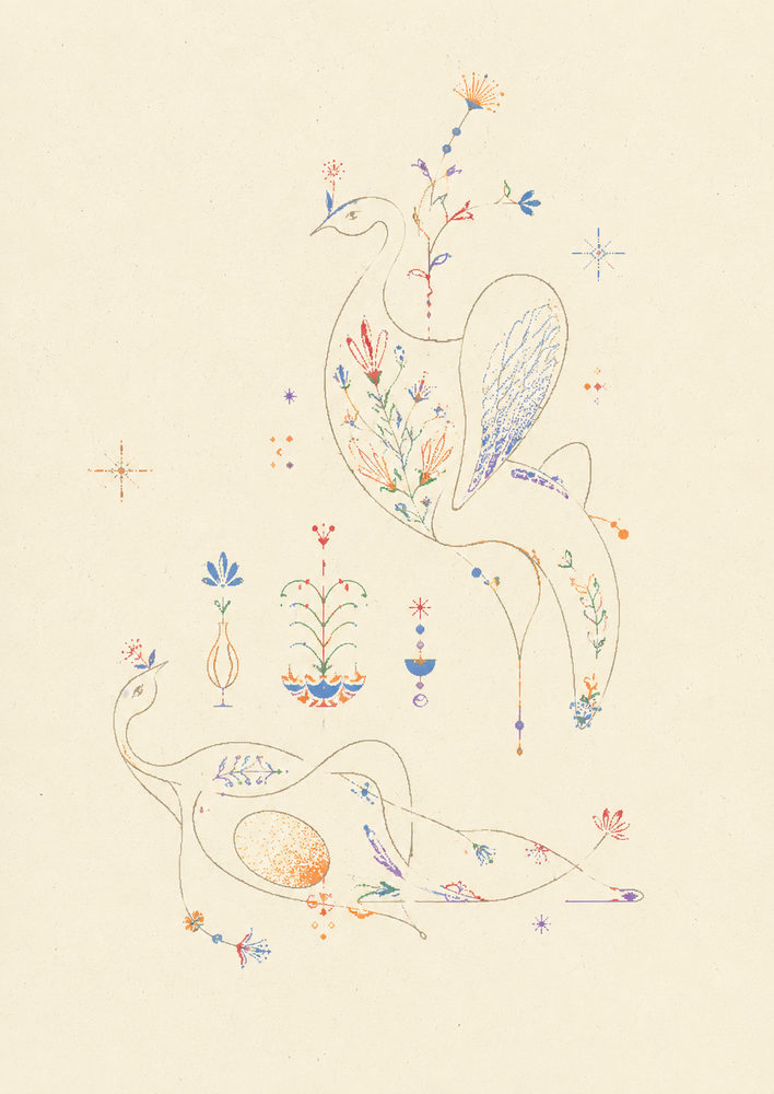 line cranes: whimsical two cranes line drawing, scandinavian bird, cream and brown mid century