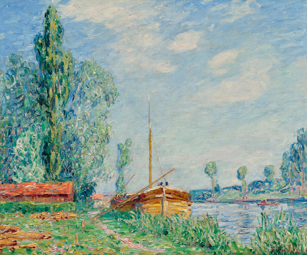 untitled (the loing at nemours), inscribed les péniches. bords du loing à nemours, by francis picabia