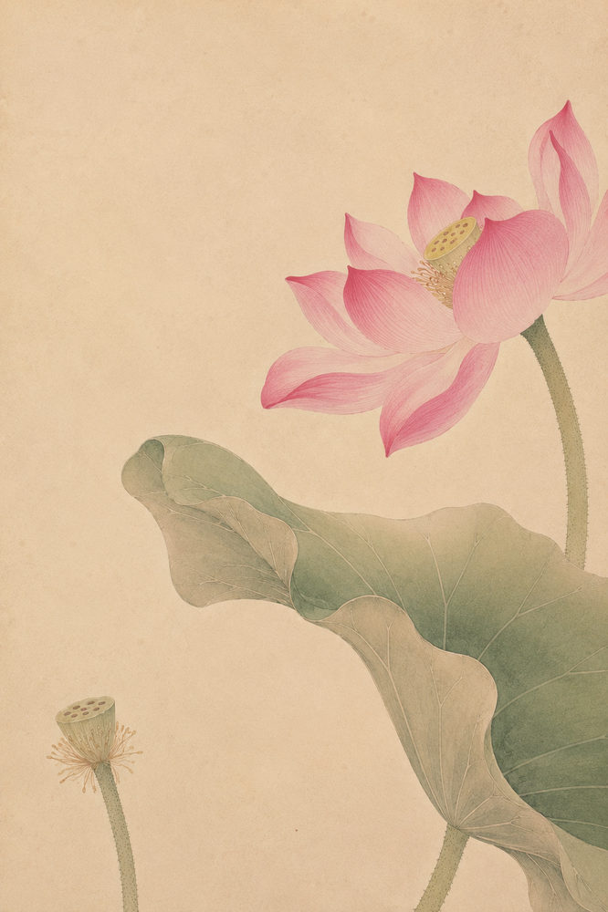 lotus seedpod: gongbi chinese, pink lotus seedpod, blush celadon, chinoiserie silk scroll