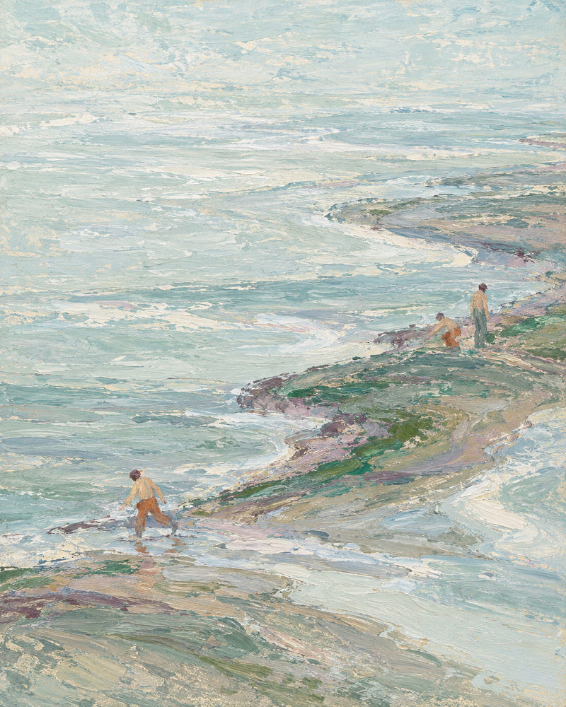 low tide: three figures along a curving shore, thick palette knife, pale grey-green, cream and sand