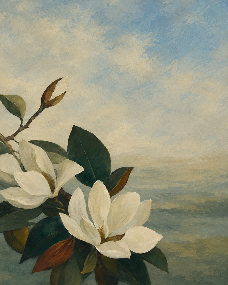 magnolia shore: white blossom over a hazy sea, coastal botanical, soft sage and cream