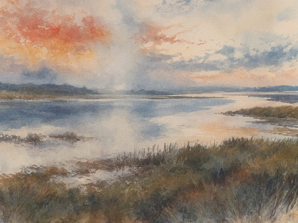 marsh sunset: tidal estuary landscape, orange peach and blue grey sky reflection