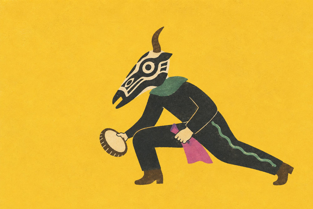 masked dancer: ceremonial masked, bold marigold yellow, ethnic ritual