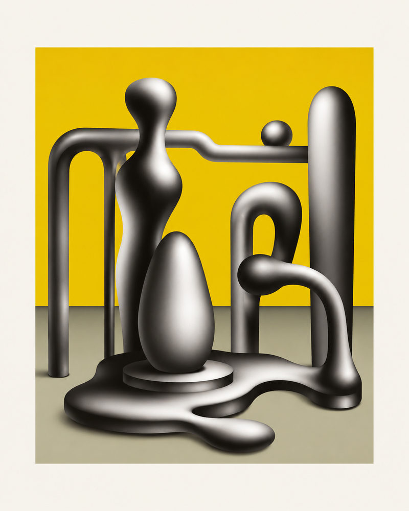 melting chrome: abstract metallic figure, yellow and grey surrealism