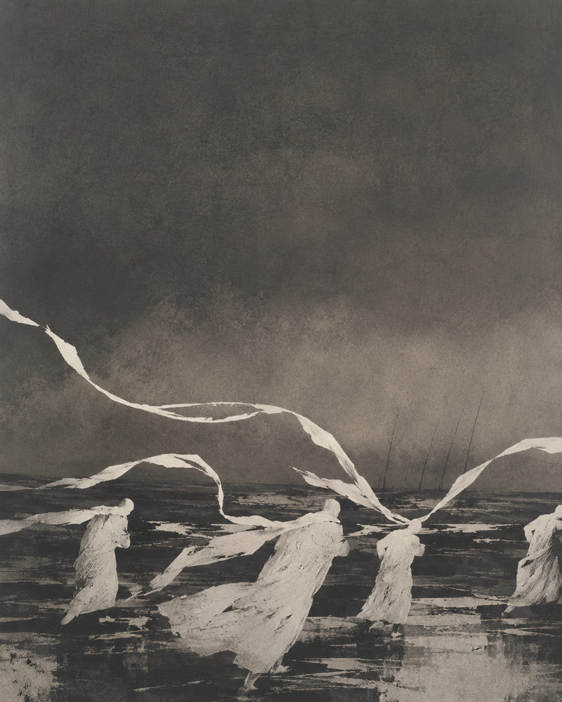 misty banners: misty marsh, tonalist grey monochrome, pale banners in fog, silver minimalist